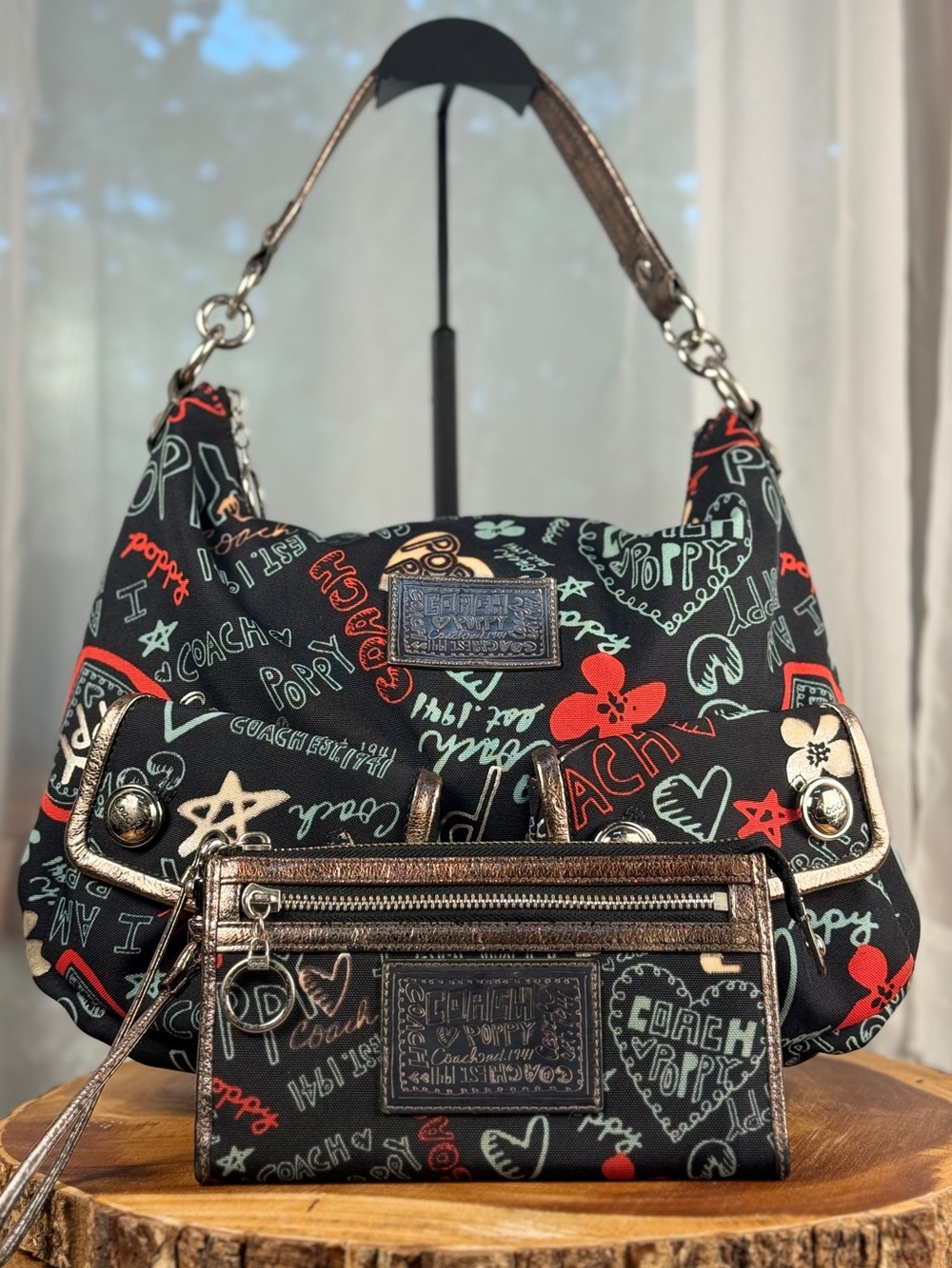 Coach Poppy Graffiti Convertible Shoulder/Crossbody Bag + Wristlet EUC